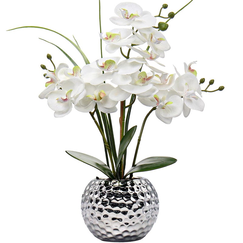ND Orchids Artificial Flowers 20.8'' Faux Orchid Flower Arrangement Fake Orchid White Flower with Silver Ceramic Vase Phalaenopsis Orchid for Home Office Bathroom Table Centerpieces Decor, Briful - Image 1
